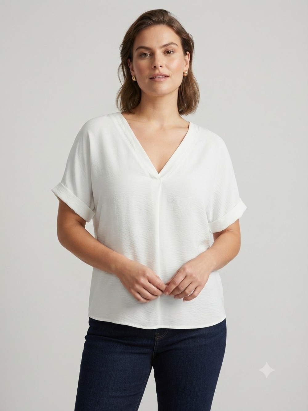 Classic White V-Neck Short Sleeve Textured Blouse Office Wear Business Sz Largr